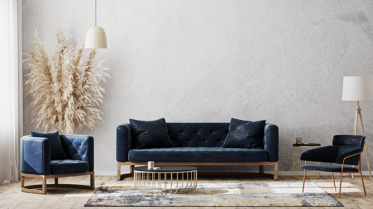 Modern Living Room with Dark Blue Sofa and Armchairs